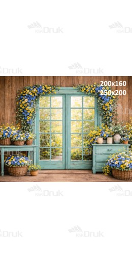 Tło fotograficzne „Turkusowe drzwi z girlandą kwiatów” | E835